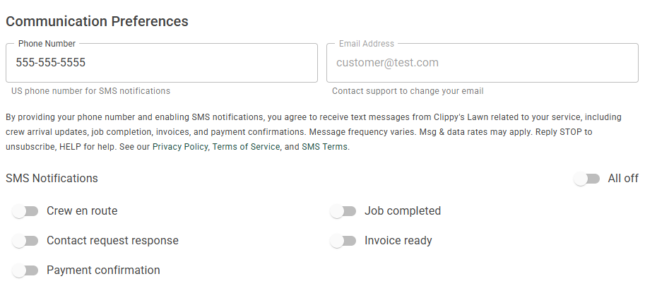 Screenshot of the Clippy's Lawn SMS opt-in preferences interface showing phone number field, consent disclosure, and notification toggles all defaulting to off
